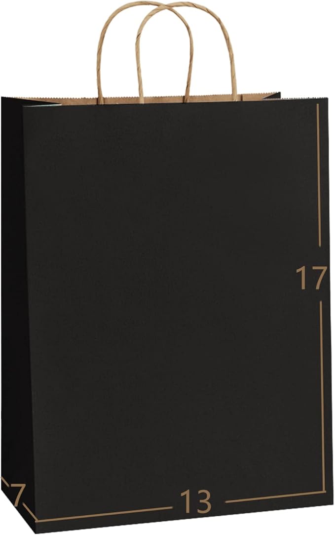 BagDream 13x7x17 Gift Bags 50ct Paper Party Favor Gift Bags, Shopping Retail Merchandise Bags, Recycled Black Kraft Paper Bags with Handles Bulk