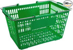 Plastic Shopping Basket, Green, Steel Handles, 18 11/16 x 12 3/8 x 10 7/16 Inches, 55 lb Capacity, Stackable Design for Grocery Market