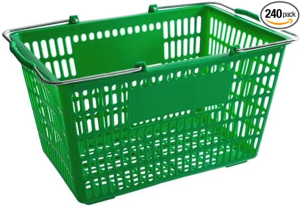 Plastic Shopping Basket, Green, Steel Handles, 18 11/16 x 12 3/8 x 10 7/16 Inches, 55 lb Capacity, Stackable Design for Grocery Market