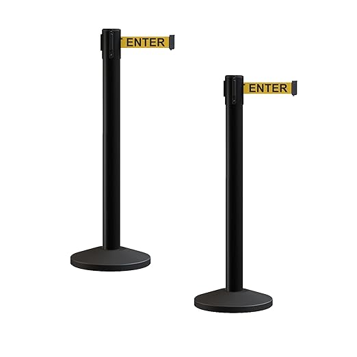 Crowd Control Warehouse CCW Series RBB-150 - Set of 2 Stanchion Retractable Belt Barriers - 16 Foot, Yellow"Caution - DO NOT Enter" Black Letter Belt with Black Steel Post - Easy Assembly