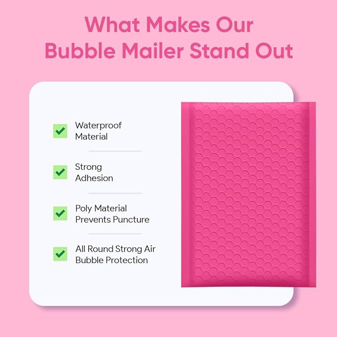Hot Pink Large Poly Bubble Mailers 12x15 inch | Self Seal Padded Envelopes Cushioned Bubble Mailer | Usable Size 12x15 | WaterProof | Lightweight mailing Shipping Bags | 50 Pack Bulk