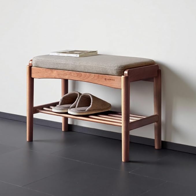 Solid Wood Shoe Bench Assembled, Shoe Rack Bench with Gray Cushion for Entryway, Living Room, Bedroom, Hallway, 11.8" x 23.6" x 16.5", Walnut