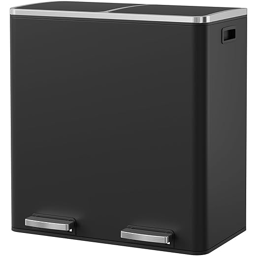 Arlopu Dual Trash Can, 2 x 8 Gallon (2 x 30 L) Hands-Free Trash and Recycle Bin Combo, Stainless Steel Kitchen Garbage Can with Soft-Close Lid, Removable Inner Buckets, Step Pedal, Airtight (Black)