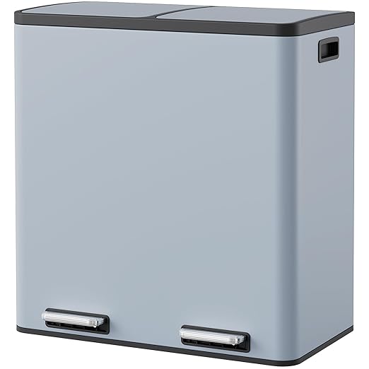 Arlopu Dual Trash Can, 2 x 8 Gallon (2 x 30 L) Hands-Free Trash and Recycle Bin Combo, Stainless Steel Kitchen Garbage Can with Soft-Close Lid, Removable Inner Buckets, Step Pedal, Airtight(Haze Blue)