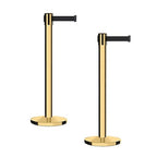 Montour Line MI650 Set of 2 Retractable Belt Barrier Stanchion, Cast Iron Base, Polished Brass Post (16 ft Black Belt)