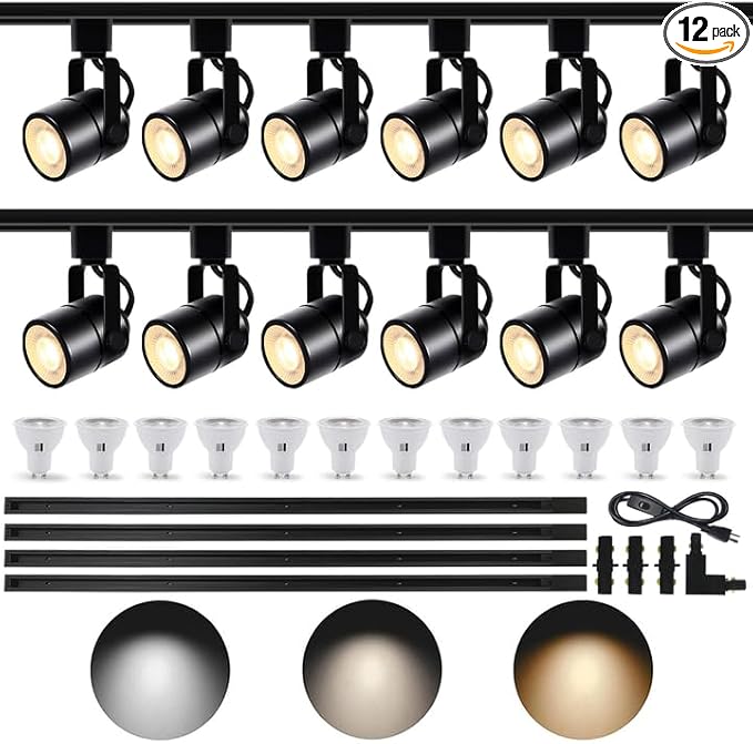 LED Track Lighting Kit, 3CCT 10W Track Lights Heads 3000K/4000K/6000K Adjustable with 13.1FT H-Type Track Light Rails 12PCS Ceiling Spotlight Fixture with Replaceable GU10 Bulbs