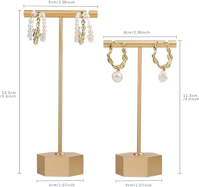GemeShou Gold Metal 2pcs T Bar Earring Retail Display Stand for show, Tabletop Jewelry Tower Holder for Girl Women【Gold-Hexagon Base 2pcs Height 4.5" and 5.3"】