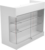 48" W x 22" D x 42" H - Retail Sales Counter with Adjustable Glass Shelves, Tempered Glass，White Laminated Particle Board, Locking Drawers