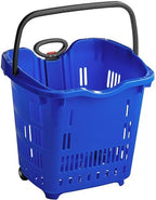 Plastic Shopping Basket with Wheels, Blue, 21.25 x 16.5 x 18.5 Inch, 45 lb Capacity, Stackable, Telescopic Handle