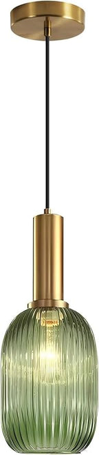 KCO Lighting Green Ribbed Glass Pendant Light Kitchen Island Small Antique Brass Ceiling Pendant Light Mid Century Modern Dining Room Hanging Light Fixture Gold Globe Pendant Lighting