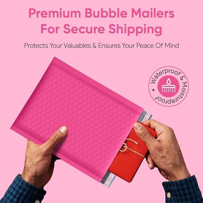 Hot Pink 7.25x12 Inch Poly Bubble Mailers #1 | Self Seal Padded Envelopes | Air Cushioned Bubble Mailer | Usable Size 7.25x11 Inch | 100 Pack Bulk | Waterproof | Lightweight Mailing Shipping Bags