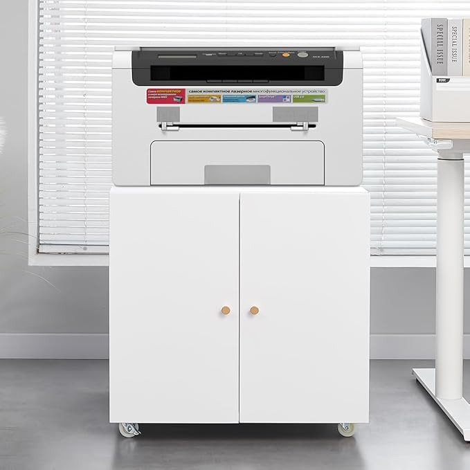 Print Mobile Printer Stand, Rolling Filing Cabinet, Lateral Office Filing Cabinet fits A4 or Letter Size for Home Office (White, H23.62)