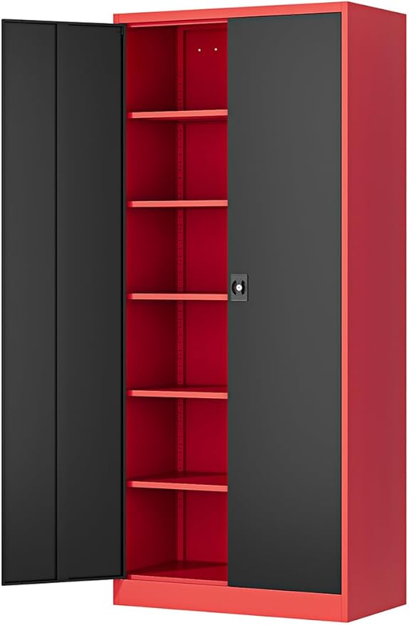 Metal Storage Cabinet-71” Tall Steel File Cabinets with Lockable Doors and Adjustable Shelves-Black&Red Steel Storage Cabinet for Home,Kitchen, School, Office, Garage
