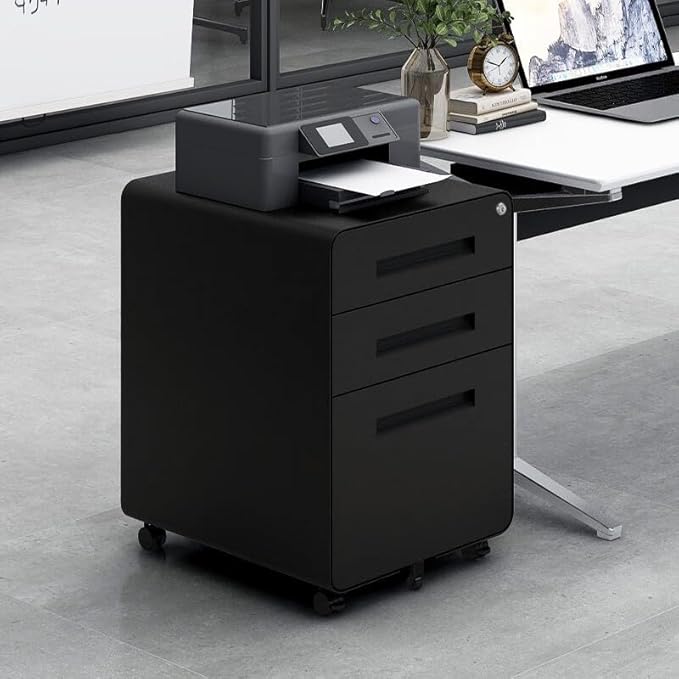 3 Drawer Mobile File Cabinet with Lock, Under Desk Metal Filing Cabinet for Home Office, Assembled Removable Under Desk Storage with Wheels for A4-Size/Letter-Size/Legal-Size (Black)