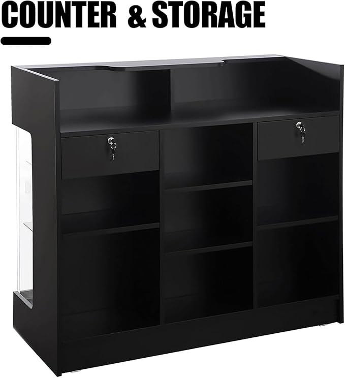 48" W x 22" D x 42" H - Retail Display Case,Ledgetop Counter with Showcase Front, Black Retail Counter with Glass Display Cabinet
