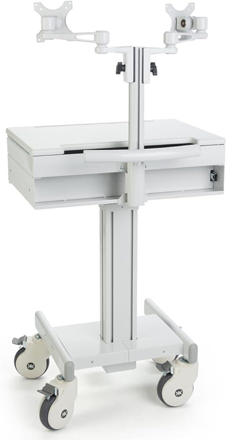 Displays2go Mobile Medical Cart with 2 Monitor Holders, Height Adjustable, Pullout Tray, Steel, Plastic, MDF – Gray (DWMDC2M)