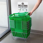 Plastic Shopping Basket, Green, Steel Handles, 18 11/16 x 12 3/8 x 10 7/16 Inches, 55 lb Capacity, Stackable Design for Grocery Market