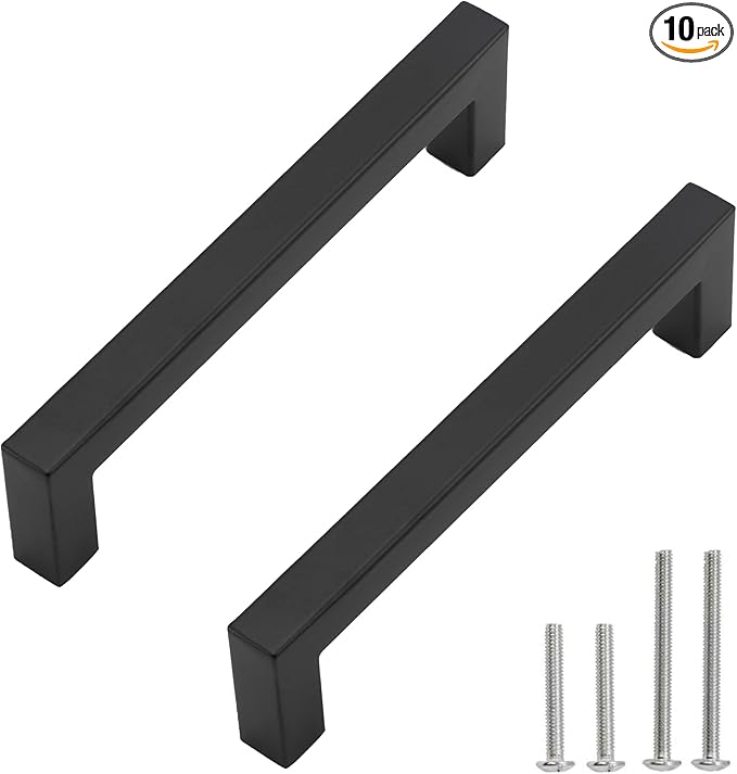 Cabinet Pulls Matte Black Cabinet Handles Square Drawer Pulls, 10 Pack 6-1/4 Inch Stainless Steel Kitchen Door Cupboard Cabinet Handles, Drawer Hardware Handles, 160mm Hole Centers