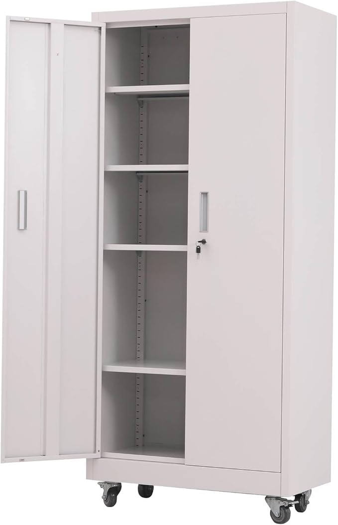 VINGLI Rolling Metal Storage Cabinet with Adjustable Shelves, 71'' Tall Garage Storage Cabinet with Wheels, Locking Tool Cabinets for Home Office Garage Gym School (White)