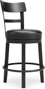 Signature Design by Ashley Valebeck Faux Leather Upholstered Swivel Barstool, Nailhead Trim, Solid Wood, 16.75" W x 19.75" D x 37.25" H, Antique Black