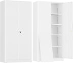 Greenvelly Metal Storage Cabinet with 2 Doors and 4 Adjustable Shelves,72" White Metal Cabinet,Steel Cabinet Locking Cabinets with 2 Keys for Office,Home, Garage, Gym, School