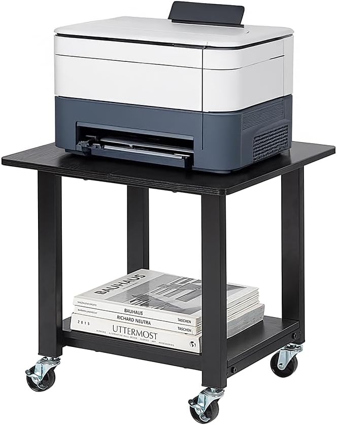 SunnyPoint 2-Tier Under Desk Printer Stand with Storage Shelf and Steel Frame, Industrial Mobile Printer Cart Holder with Lockable Improved Industrial Wheels for Home and Office (BLK)