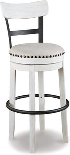 Signature Design by Ashley Valebeck Tall Upholstered Swivel Barstool, Cushioned Seat, Nailhead Trim, Wood and Metal, 30" H, Whitewash