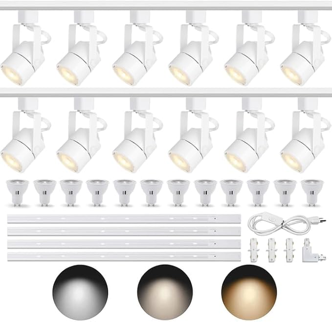 LED White Track Lighting Kit, 3CCT 10W Track Lights Heads 3000K/4000K/6000K Adjustable with 13.12FT H-Type Track Light Rails 12PCS Ceiling Spotlight Fixture Replaceable GU10 Bulb