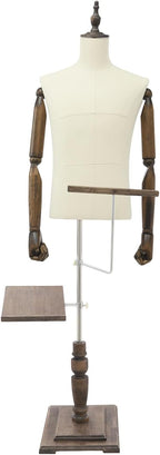 Male Clothing Display Racks, Height Adjustable Clothing Store Clothing Props with Stand and Solid Wood Arm, Male Mannequin Torso for Market Shop Window Display (Beige)