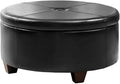 Homepop Home Decor | Upholstered Faux Leather Large Tufted Round Storage Ottoman | Button Top Ottoman with Storage for Living Room & Bedroom | Decorative Home Furniture, Black
