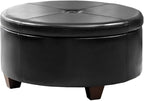 Homepop Home Decor | Upholstered Faux Leather Large Tufted Round Storage Ottoman | Button Top Ottoman with Storage for Living Room & Bedroom | Decorative Home Furniture, Black
