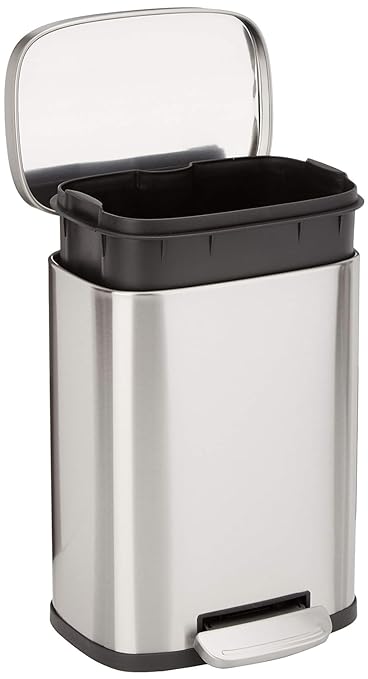 Amazon Basics Smudge Resistant Mini Rectangular Trash Can With Soft-Close Foot Pedal, Brushed Stainless Steel, for Bathroom & small space, 5L/1.32 Gal, 7.3x8.5x11.8 in, Satin Nickel Finish