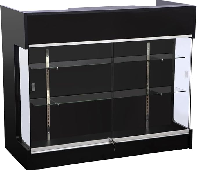 Ledge Top Counter with Showcase, 4ft – Tempered Glass Display Case with Locking Front, Sliding Doors, Drawers & Shelves – Retail Store Counter Cabinet (Black)