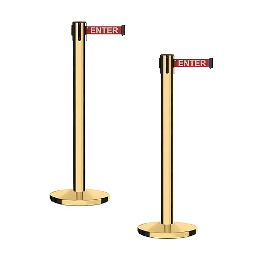 Montour Line MI650 Set of 2 Retractable Belt Barrier Stanchion, Cast Iron Base, Polished Brass Post (16 ft Red with"Caution - DO NOT Enter" White Letters Belt)