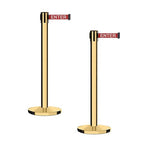 Montour Line MI650 Set of 2 Retractable Belt Barrier Stanchion, Cast Iron Base, Polished Brass Post (16 ft Red with"Caution - DO NOT Enter" White Letters Belt)