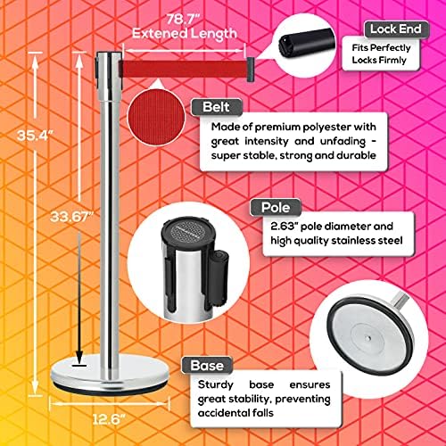 DuraSteel Crowd Control Barriers Stanchions with Retractable Belts & Sign Holder - Metal Stanchion Posts w/ 6.5ft Black Retractable Barrier Belt Ropes - Queue VIP Safety Line Dividers - Set of 6 Poles