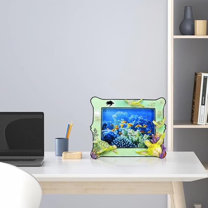 6x8 Inch Sea Turtle Resin Picture Frame - Ocean-Themed Tabletop Photo Display with Turtle Figurine, Feng Shui Lucky Wealth Home Decor, Beach & Marine Art Gallery Decor