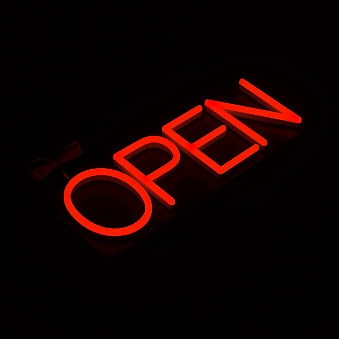 HiNeon Red LED Open Sign, 20"x7" Light-Up Business Sign with Remote, 12V Plug-In, Hanging Chain Included