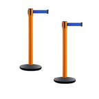 Montour Line MI650 Set of 2 Retractable Belt Barrier Stanchion, Cast Iron Base, Orange Post (16 ft Blue Belt)