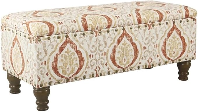 Homepop Home Decor | Upholstered Bench with Nailhead Trim | Large Ottoman with Storage for Living Room & Bedroom | Decorative Home Furniture, Orange and Cream Medallion