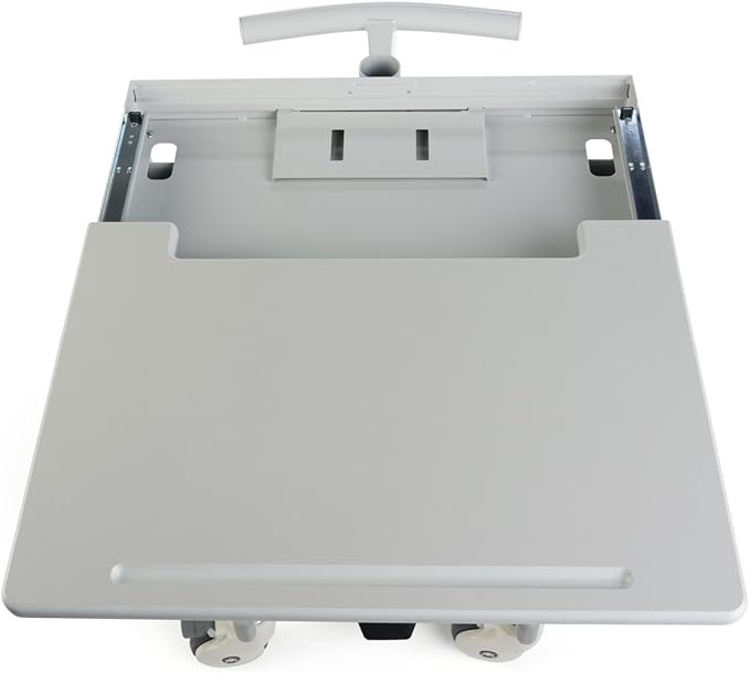 Displays2go Mobile Desk with Monitor Display & Keyboard Tray, Locking Wheels, Steel, Plastic, MDF – Gray (DWMDC1M)