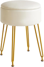 IBUYKE Faux Leather Round Footrest Stool with Storage Ottoman, Makeup Vanity Chair Side Table, PU Dressing Table Seat, Removable Cover, Golden Steel Legs, White WBD024W