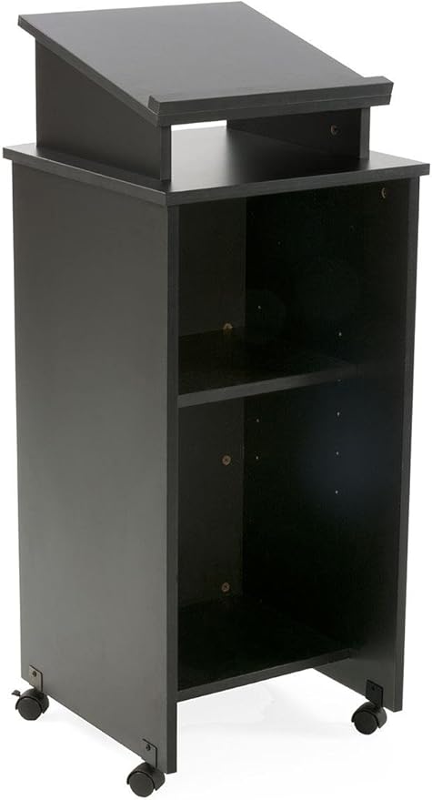 Rolling Wood Podium, 44"H, Locking Wheels, 2 Shelf Open Cabinet, Top Surface with Lip (Black)