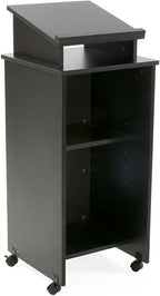 Rolling Wood Podium, 44"H, Locking Wheels, 2 Shelf Open Cabinet, Top Surface with Lip (Black)