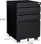 3-Drawer Lockable Mobile File Cabinet – Metal A4/Letter/Legal Size Storage for Home/Office, Pre-Assembled, Space-Saving Under-Desk Cabinet with Wheels (Black)