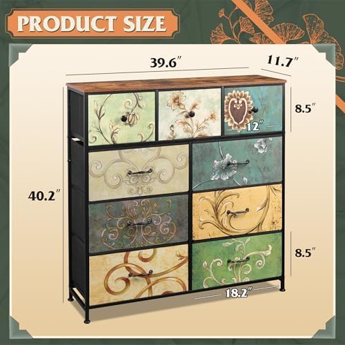 WLIVE 9-Drawer Dresser, Fabric Storage Tower for Bedroom, Hallway, Entryway, Closet, Tall Chest Organizer Unit with Fabric Bins, Steel Frame, Wood Top, Easy Pull Handle, Floral Painted