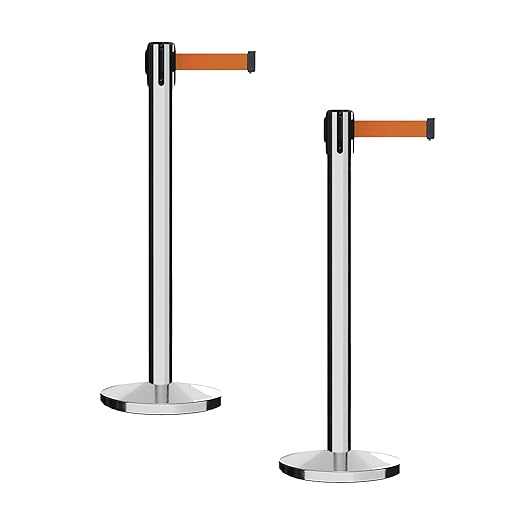 Montour Line MI650 Set of 2 Retractable Belt Barrier Stanchion, Cast Iron Base, Polished Stainless Steel Post (16 ft Orange Belt)