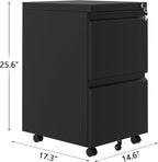2 Drawer File Cabinet on Wheels with Lock, Under Desk Metal Filing Cabinet for Home Office, Rolling Storage Organizer for Letter/Legal/A4 Documents, Small Mobile Cabinet with Locking Casters, Black