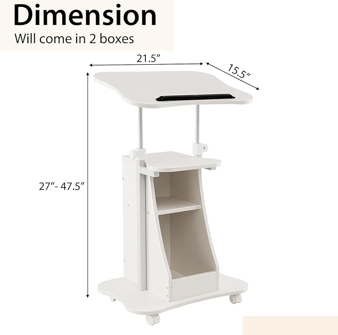 Tangkula Mobile Lectern Podium, Height Adjustable Podium Stand, Standing Sit-to-Stand Desk, Rolling Cart Laptop Desk with Swivel Top Movable Wheels & Storage