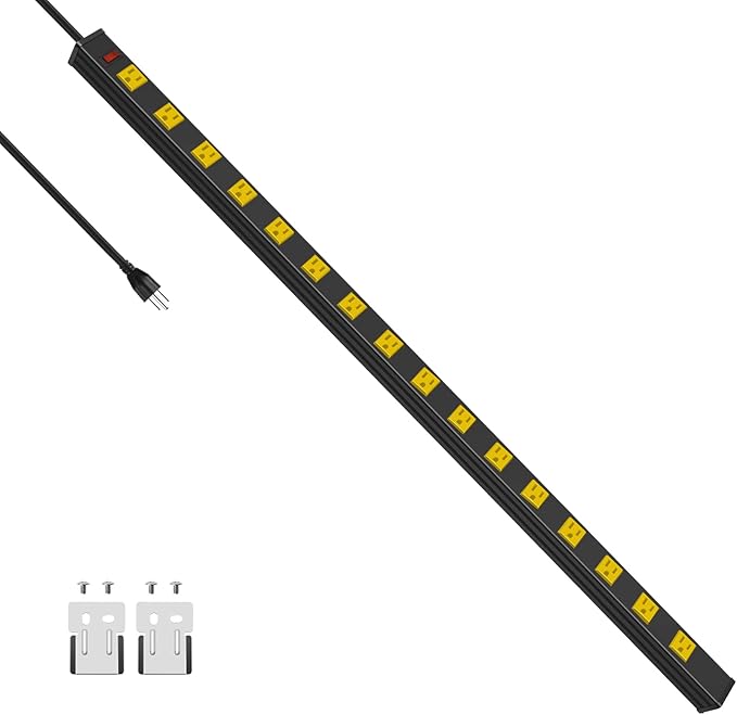 JUNNUJ Long Metal 16 Outlet Wide Spaced Garage Industrial Heavy Duty Power Strip with 15 FT Cord 15A, 125V, 1875W. Yellow